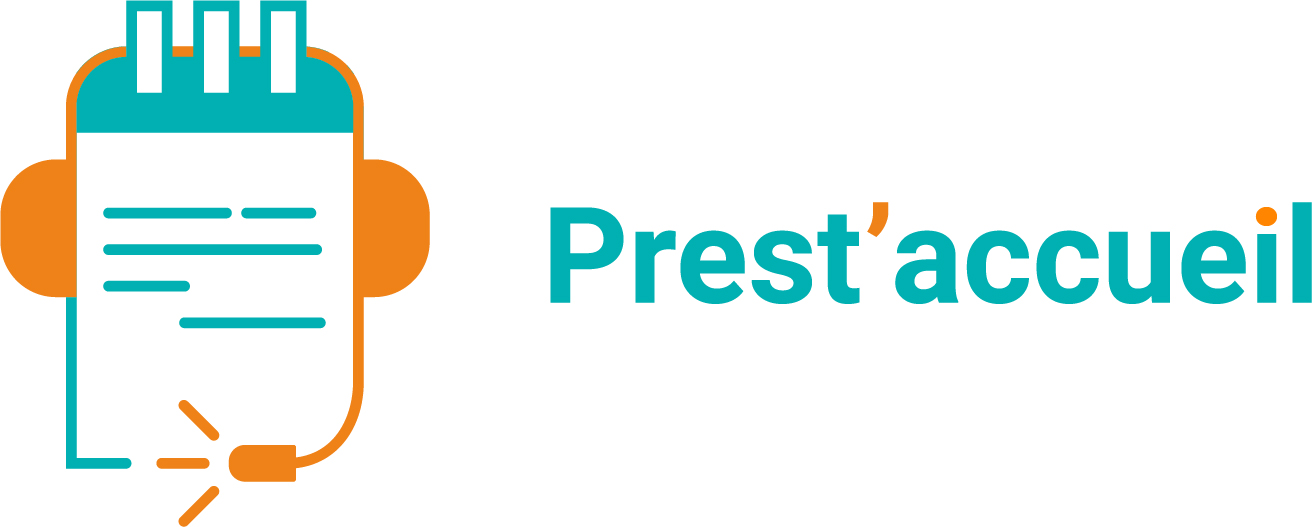 Logo de prest'accueil illustrant un agenda accompagné d'un casque avec micro en appel